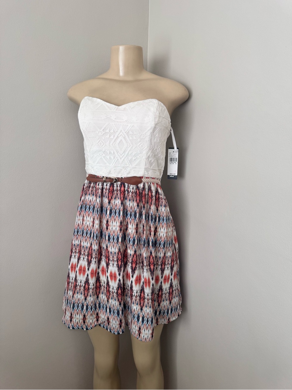 BCX White Strapless Lace Bodice Multicolor Printed Skater Dress